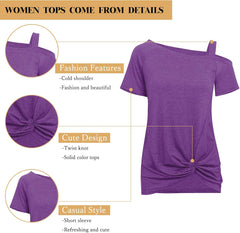 Women Cold Shoulder Tops: Summer Short Sleeve Shirts Casual Twist Knot Blouse T-Shirt S-2XL