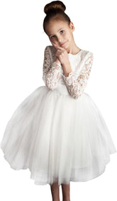 Flower Girl Dress Long Sleeves Lace Top Tulle Skirt Girls Lace Party Dresses