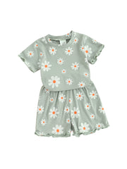 Toddler Baby Girl Summer Short Clothes Outfit, 0 6 12 18 24 Months 2T 3T Floral Print Crew Neck Short Sleeve T-Shirts Tops and Shorts 2Pcs Set