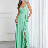 Solid V-Neck Ruffle Split Wedding Gown