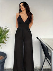 Women Scallop Trim Spaghetti Strap Jumpsuit