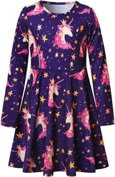Girls Long Sleeve Dresses Unicorn Mermaid Cat Swing Fall Winter Clothes