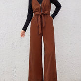 Women Belted V-Neck Zipper Jumpsuit