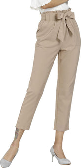 Women'S Pants Casual Trouser Paper Bag Pants Elastic Waist Slim Pockets