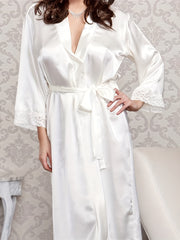 Women Satin Lace Trim Robe