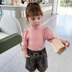 Toddler Baby Girl Basic Solid Color Turtleneck T Shirt Ribbed Knit Top Puff Long Sleeve Soft Cotton Clothes