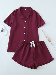 Women Ruffle Hem Pajama Shorts Set