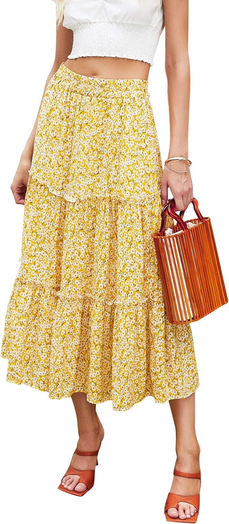 Women'S Floral Midi Skirts Elastic High Waist A-Line Swing Skirts