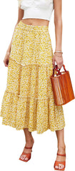Women'S Floral Midi Skirts Elastic High Waist A-Line Swing Skirts