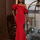 Slant Shoulder Ruffle Wedding Gown