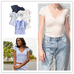 Crop Top Woman Brandy Floral Tee Shirt Short Sleeve V Neck Female Summer Top Sexy Girls Slim Fit Tshirt Women T-Shirts