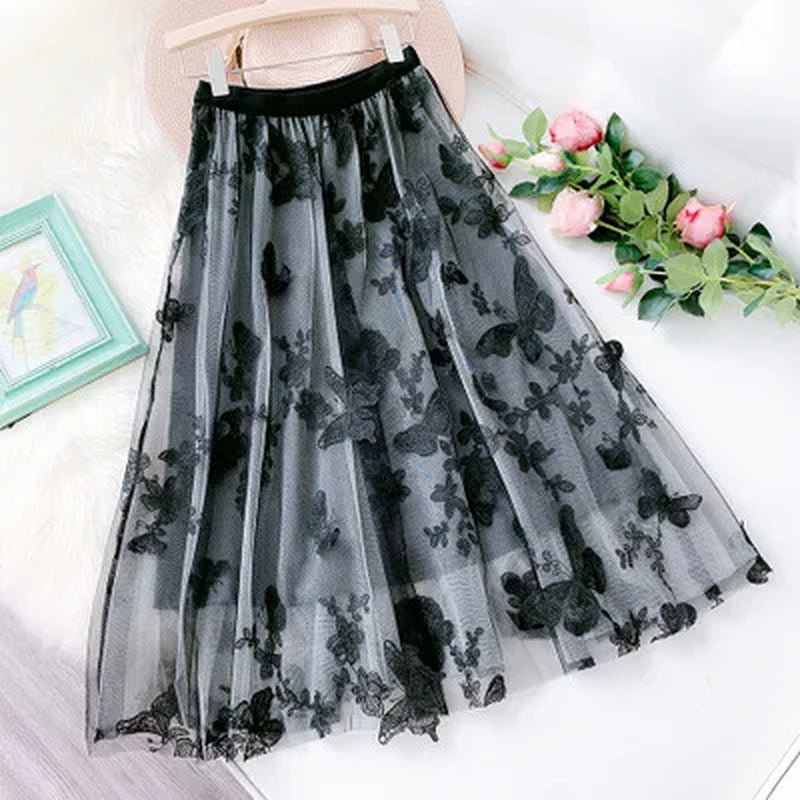 Butterfly Embroidered Women Skirts Long Mesh A-Line Tutu Skirt 2023 New Heavy Work Fairy Tulle Skirts for Women Faldas Saias