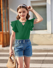 Girls Shirts Short Sleeve Tee Ruffle Solid Summer Keyhole Neck Cotton Blouse Tops