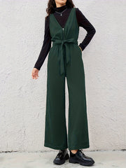 Women Belted V-Neck Zipper Jumpsuit