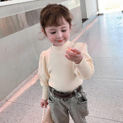 Toddler Baby Girl Basic Solid Color Turtleneck T Shirt Ribbed Knit Top Puff Long Sleeve Soft Cotton Clothes
