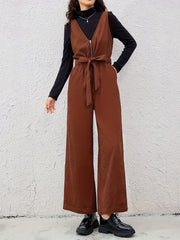 Women Belted V-Neck Zipper Jumpsuit