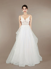 Plunging Neck Applique Wedding Cami Dress