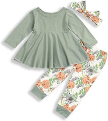 Toddler Baby Girl Clothes Solid Color Ruffle Tops Floral Pants with Cute Headband Outfit Set