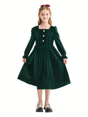 Vintage Velvet Pleated Party Dress for Girls
