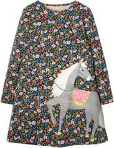 Girls Cotton Long Sleeve Casual Cartoon Appliques Striped Jersey Dresses