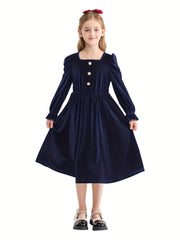 Vintage Velvet Pleated Party Dress for Girls