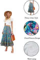 Women'S Floral Midi Skirts Elastic High Waist A-Line Swing Skirts