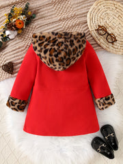 Girls’ Cozy Leopard-Print Fleece Hooded Winter Jacket