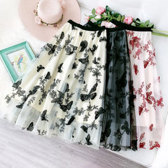 Butterfly Embroidered Women Skirts Long Mesh A-Line Tutu Skirt 2023 New Heavy Work Fairy Tulle Skirts for Women Faldas Saias
