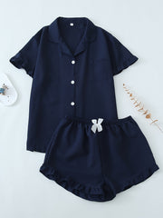 Women Ruffle Hem Pajama Shorts Set