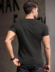 Men'S Muscle T Shirts Stretch Short Sleeve V Neck Bodybuilding Workout Tee Shirts Ribbed Knit Shirt