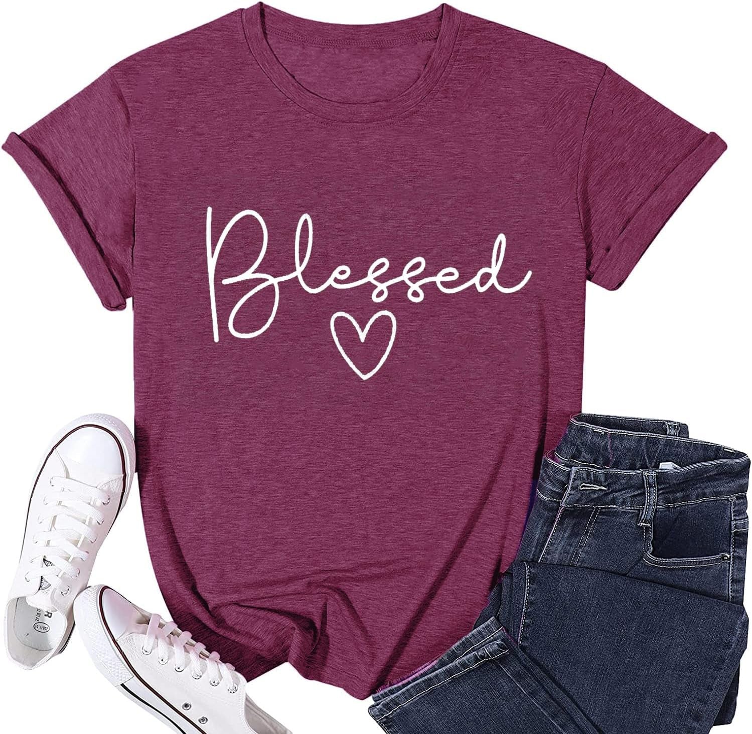 Blessed T-Shirt for Women Cute Heart Graphic Letter Print Sayings Shirts Casual Short Sleeve Thankful Tee Tops
