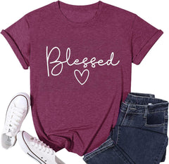 Blessed T-Shirt for Women Cute Heart Graphic Letter Print Sayings Shirts Casual Short Sleeve Thankful Tee Tops