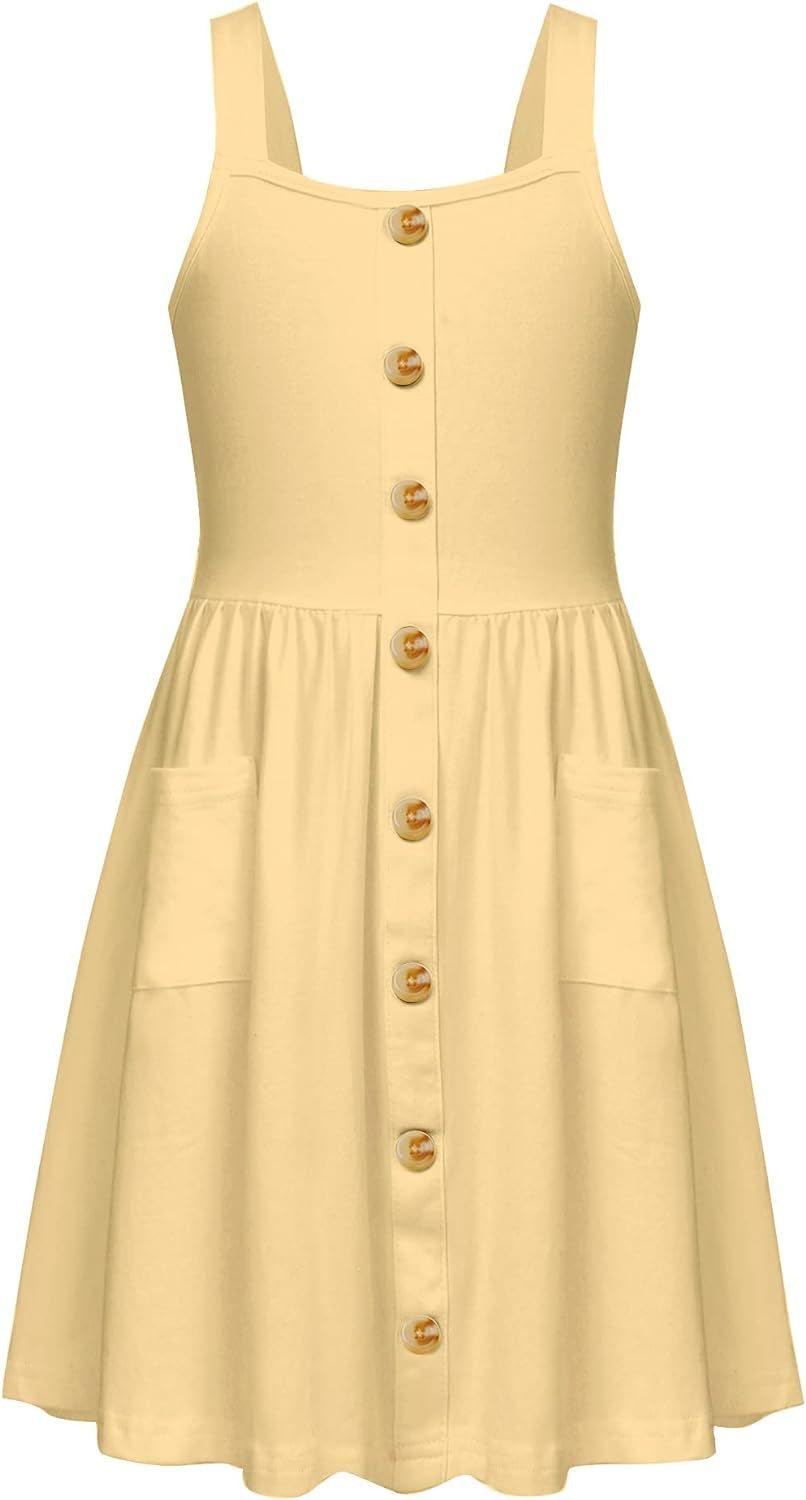 Girl'S Spaghetti Strap Button down Midi Sleeveless Summer Casual Sundress A-Line Dress with Pockets