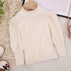 Toddler Baby Girl Basic Solid Color Turtleneck T Shirt Ribbed Knit Top Puff Long Sleeve Soft Cotton Clothes