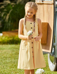 Girl'S Spaghetti Strap Button down Midi Sleeveless Summer Casual Sundress A-Line Dress with Pockets