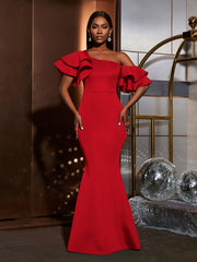 Slant Shoulder Ruffle Wedding Gown