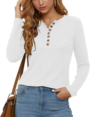 Women'S Waffle Knit Tops Casual Long Sleeve Blouses Slim Fit Button down V Neck Henley Shirt