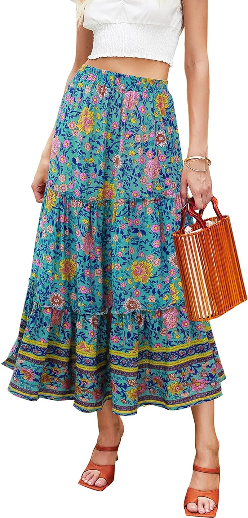 Women'S Floral Midi Skirts Elastic High Waist A-Line Swing Skirts