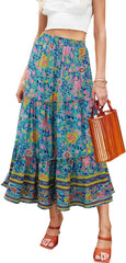 Women'S Floral Midi Skirts Elastic High Waist A-Line Swing Skirts