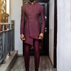 Burgundy Stand Collar Wedding Tuxedos Groomsman Attire Groom Wear Prom Dinner Party Terno Masculino Suits (Jacket + Pants)