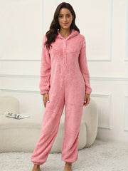 Women Hooded Fuzzy Lounge Jumpsuit
