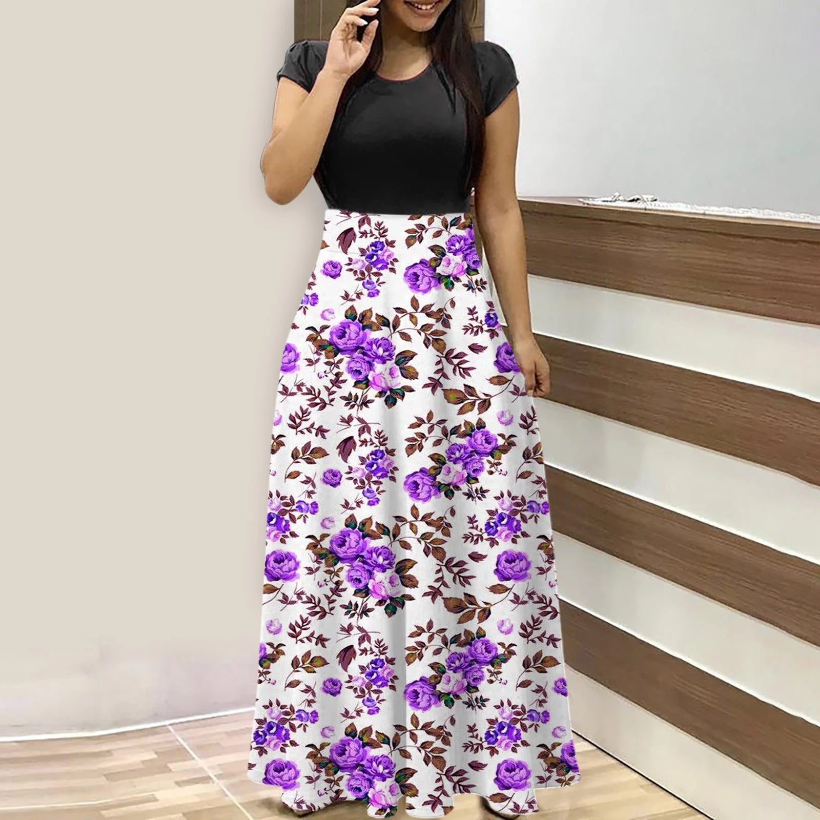 Empire Waist Dresses for Women 2024 Short Sleeve Crewneck Floral Maxi Long Dress Summer Fashion Casual Sun Boho Dresses