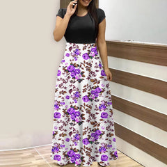 Empire Waist Dresses for Women 2024 Short Sleeve Crewneck Floral Maxi Long Dress Summer Fashion Casual Sun Boho Dresses