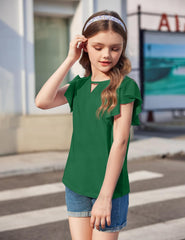 Girls Shirts Short Sleeve Tee Ruffle Solid Summer Keyhole Neck Cotton Blouse Tops
