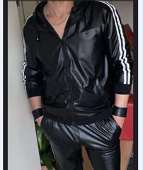 Men's PU Leather Hoodie Suit Casual Sportswear Hooded Jogging Suit Sportswear Men Outfit Set Juicy Tracksuit