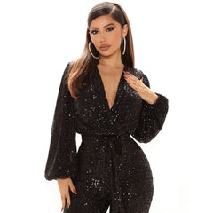 Shimmering Sequin V-Neck Glamour Jumpsuit