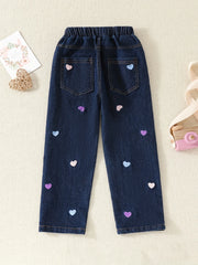 Heart Embroidered Girls Denim Pants