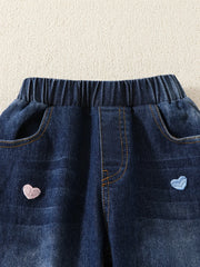 Heart Embroidered Girls Denim Pants