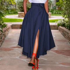 ZANZEA Fashion Irregular Skirts Holiday Zipper High Waist A Line Skirts Womens Summer Long Skirts Vintage Beach Solid Skirts