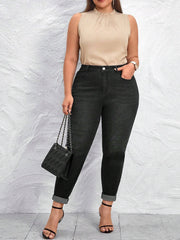 Women's Plus Size Summer Mid Waist Stretch Slim Fit Legging Wholesale Black Gray Feet Skinny Pencil Denim Jeans Pants